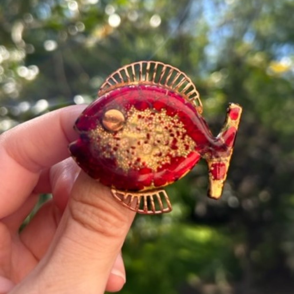Vtg Matisse Copper Enamel Red Fish Brooch